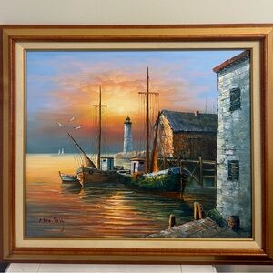 Max Savy Original Framed Oil Canvas Painting Seascape Lighthouse Signed 29”x25”